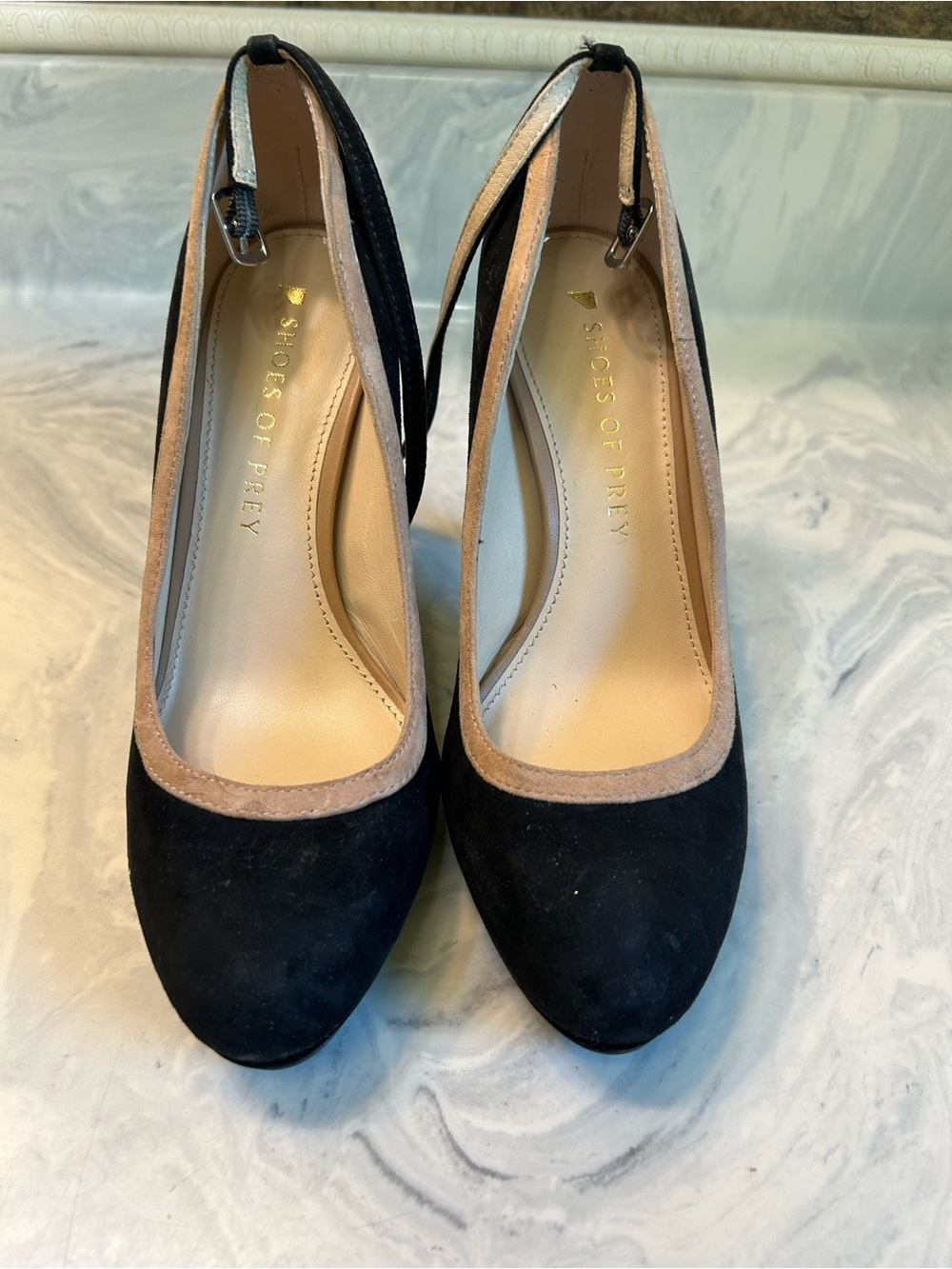 Shoes of Prey Black Suede Pumps with Taupe Trim and Ankle Strap